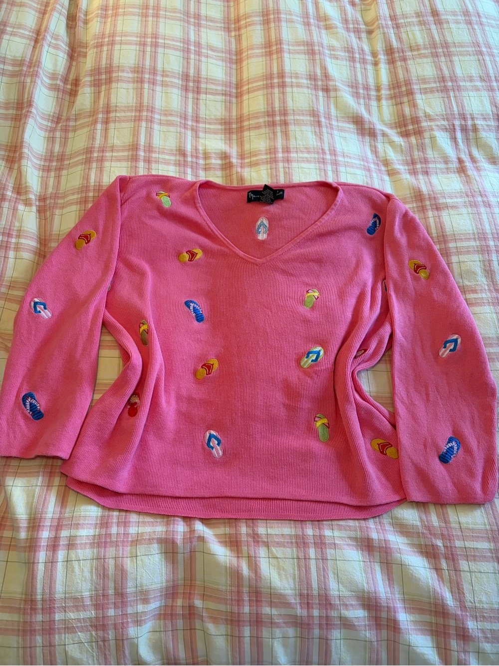 Pink V Neck Sweater with Embroidered Flip Flops